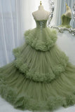 Elegant Straps Pleated Green Tiered Tulle Prom Formal Dress PSK417 - Pgmdress