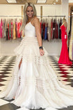 Elegant Tulle Ball Gown V Neck Side Split Layered Long Prom Dress PSK392 - Pgmdress