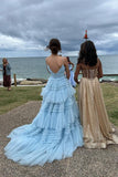 Elegant Tulle Ball Gown V Neck Side Split Layered Long Prom Dress PSK392 - Pgmdress