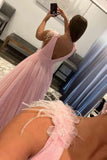 Feathers Backless Pink Plunging V-Neck Tulle Long Formal Dress PSK401 - Pgmdress