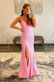 Glitter Mermaid Sequins Mesh Split Pink Prom Dress PSK425