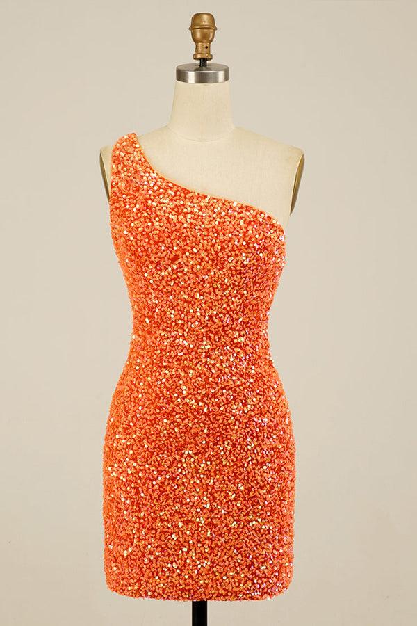 Glitter One-Shoulder Hot Pink Homecoming Dress With Sequins PD462 US0 / Orange Glitter One-Shoulder Hot Pink Homecoming Dress With Sequins PD462 US0 / Orange