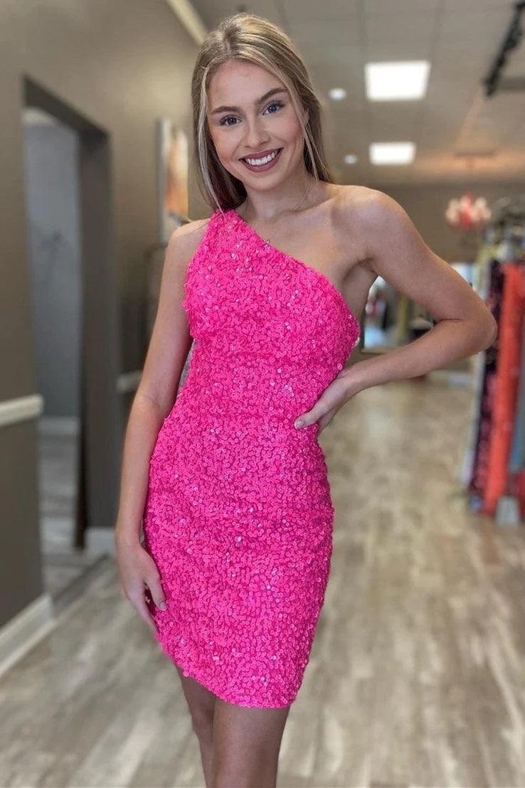 Glitter One Shoulder Hot Pink Tight Short Prom Dress Homecoming Dress US0 / Hot Pink