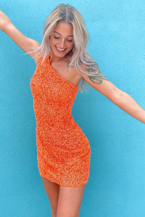 Glitter One Shoulder Hot Pink Tight Short Prom Dress Homecoming Dress US12 / Orange Glitter One Shoulder Hot Pink Tight Short Prom Dress Homecoming Dress US12 / Orange