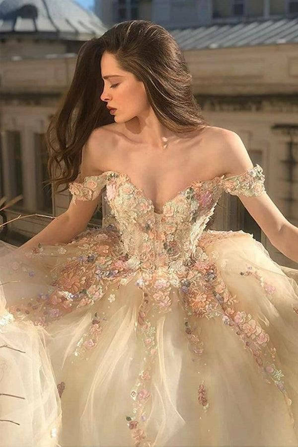 Champagne off shoulder satin long prom dress, evening dress – Flora Prom