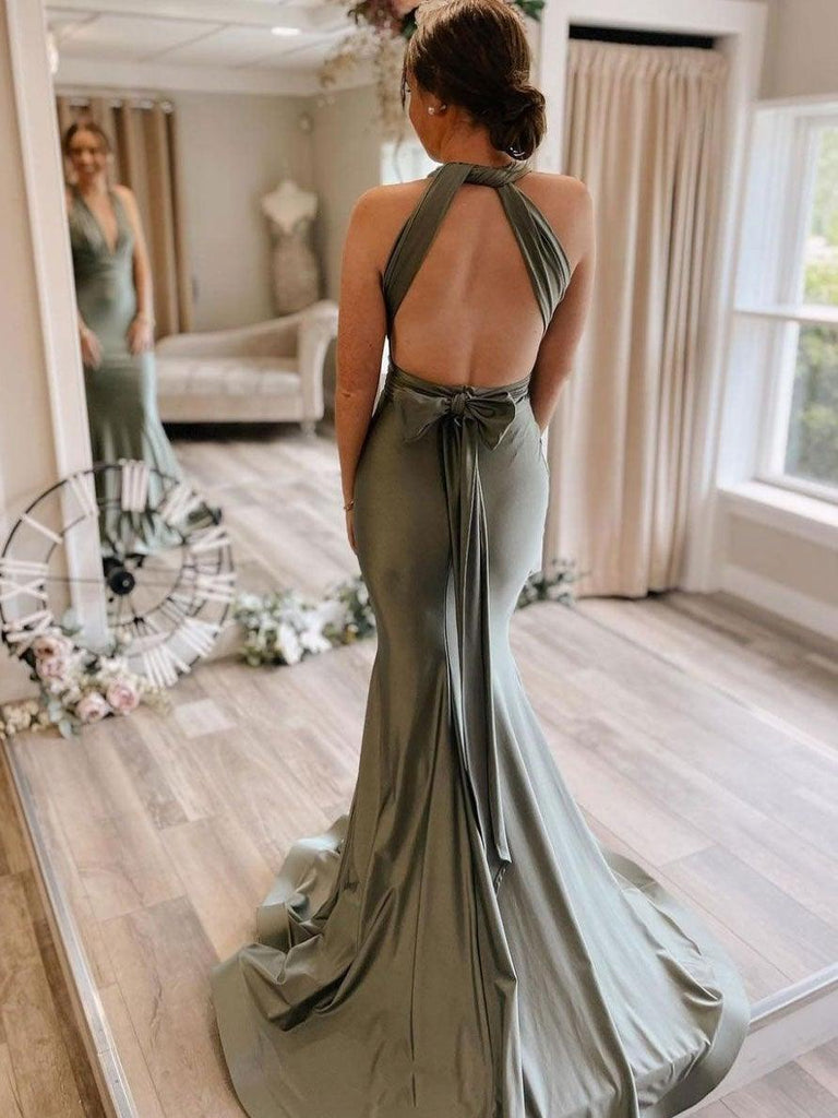 Gray Green Satin Mermaid Bridesmaid Dresses With Sweep Train BD089 - Pgmdress
