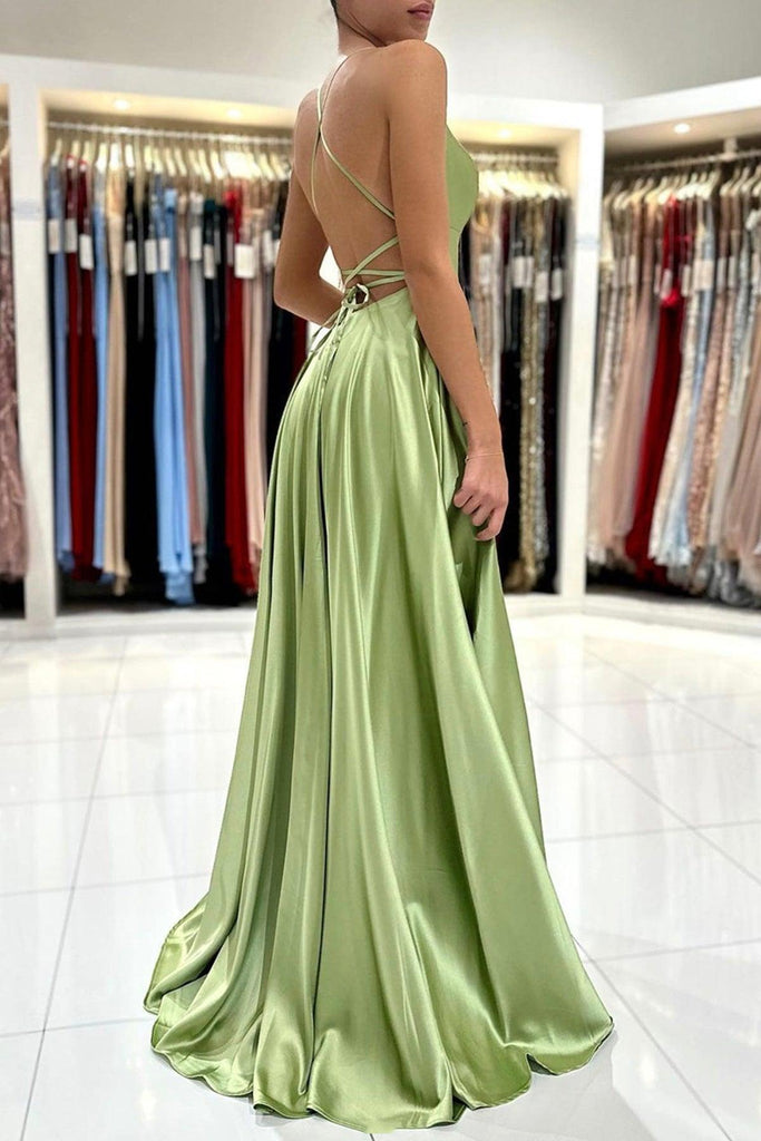 Green Satin Simple A Line Backless Long Prom Dresses with Leg Slit PSK381 - Pgmdress