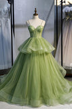 Tulle Green Long Prom Dress A-Line Evening Dresses with Train PSK418