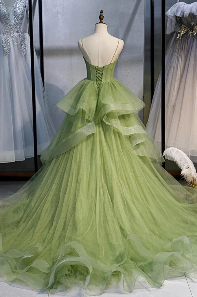 Green Tulle Long Prom Dresses A-Line Evening Dresses with Train PSK418 - Pgmdress