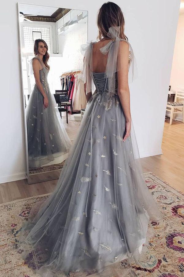Grey Tulle Appliques Long Prom dress Formal Dress With Lace Up PSK301 - Pgmdress
