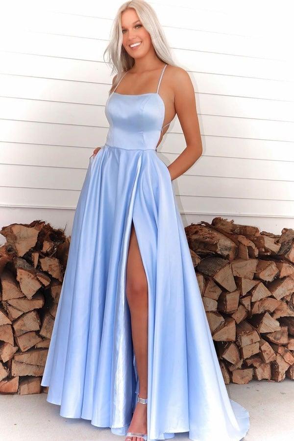 High Slit Spaghetti Straps Royal Blue Long Prom Dress PG750 US8 / Light Blue High Slit Spaghetti Straps Royal Blue Long Prom Dress PG750 US8 / Light Blue