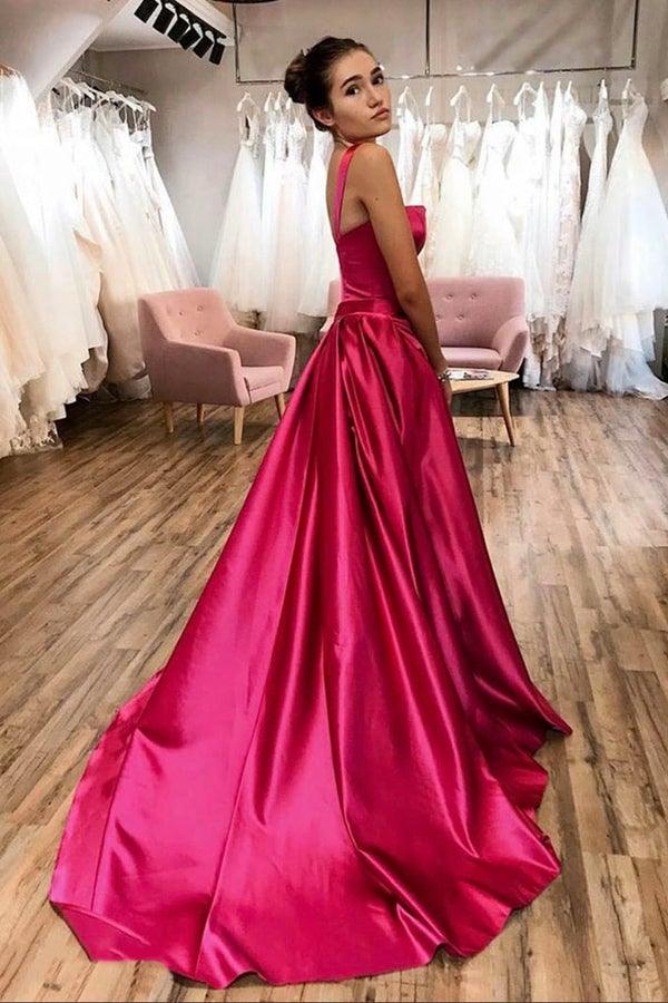 Hot Pink A-line Satin Long Prom Dress Court Train Evening Dress PSK275 - Pgmdress