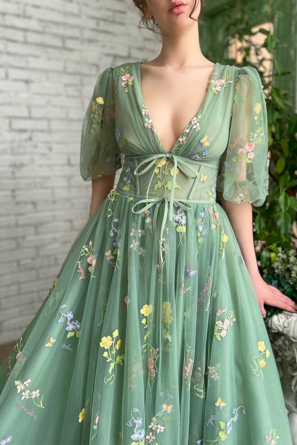 Illusion A-Line V-Neck Half Sleeves Appliques Tulle Prom Formal Dress PSK384 - Pgmdress