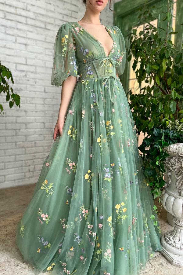 Illusion A-Line V-Neck Half Sleeves Appliques Green Prom Dress PSK384 US4 / Green