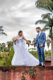 Illustion Scoop Neck White Floral Lace Wedding Dress Floor Length WD622 - Pgmdress