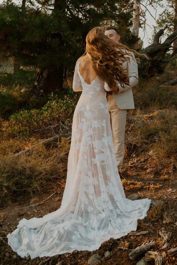 Ivory Long Sleeve Rustic Wedding Dresses Backless Sheath Beach Wedding Dress WD384 - Pgmdress