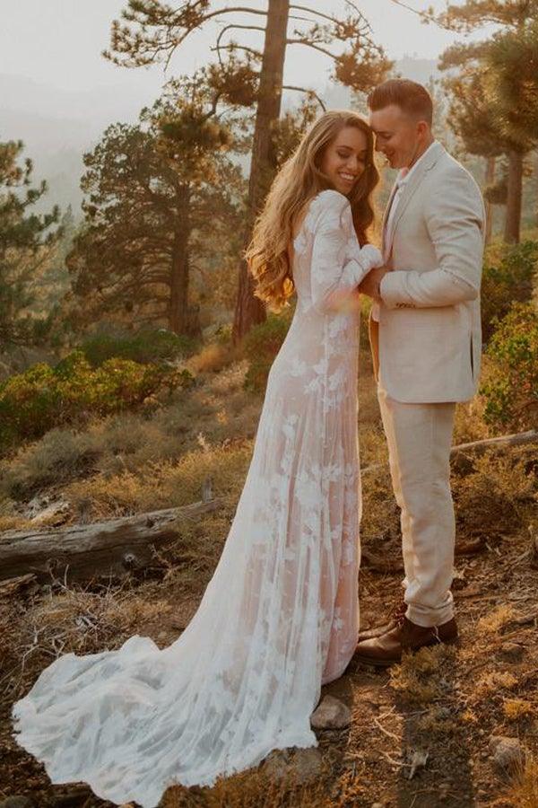 Sheath Ivory Lace Long Sleeve Court Train Rustic Wedding Dress WD384 US0 / Ivory/Champagne Sheath Ivory Lace Long Sleeve Court Train Rustic Wedding Dress WD384 US0 / Ivory/Champagne
