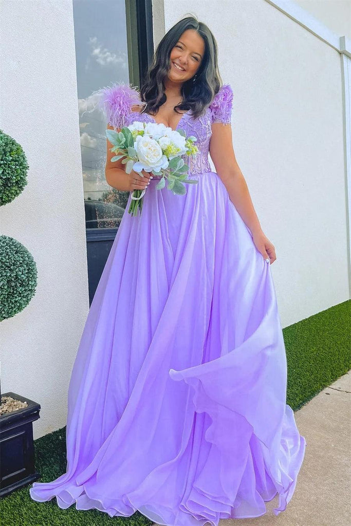 A-line Lavender Plunging Off-the-Shoulder Feathers Long Prom Dress PSK433 - Pgmdress