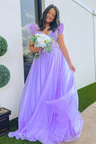 A-line Lavender Plunging Off-the-Shoulder Feathers Long Prom Dress PSK433 - Pgmdress