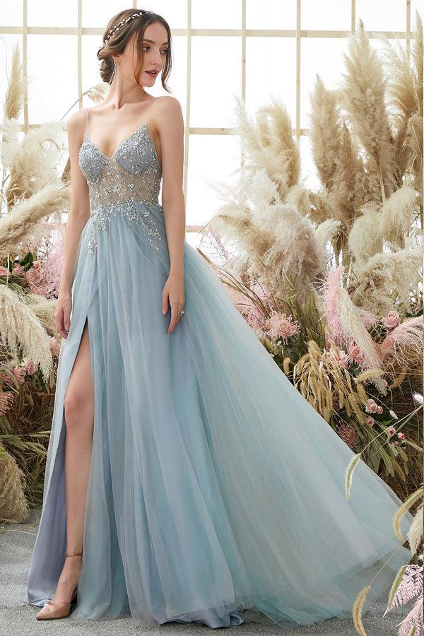 Light Blue A-line Tulle Prom Dresses Beading Evening Dresses PSK291 - Pgmdress