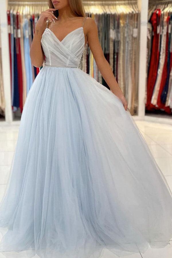 Light Blue Tulle Long Prom Dresses Backless Formal Gown PSK299 US16 / As Picture