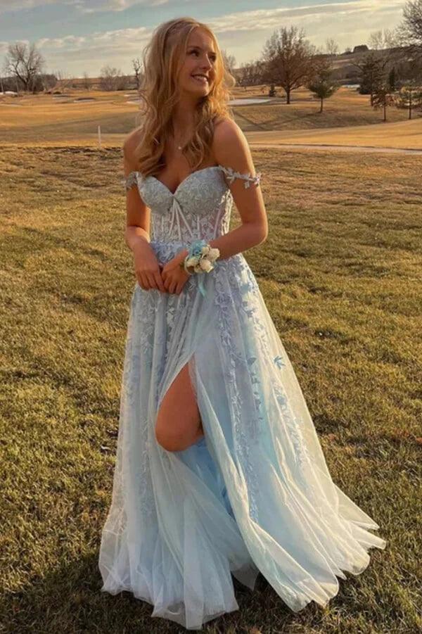 Light Blue Tulle Off Shoulder Long Prom Dresses With Appliques