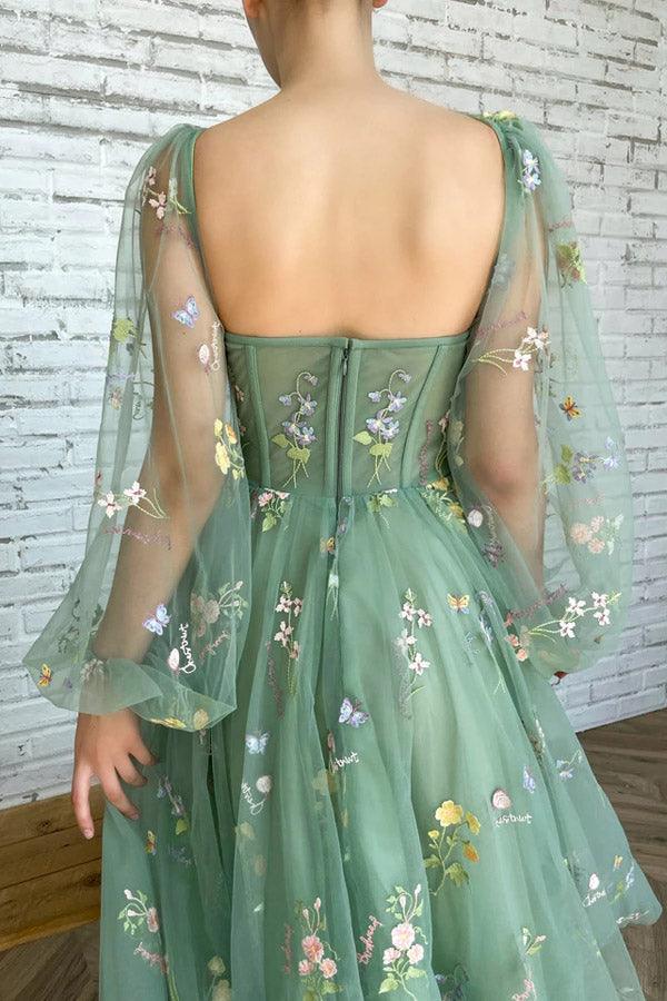 Light Green Embroidered Tulle dress Evening Dress Puffy Long Sleeve PSK304 - Pgmdress
