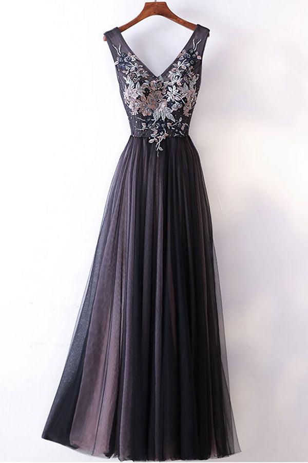 Straps V-neck A-line Embroidery Sexy Gray Long Prom Dress PG554 US6 / Custom Color Straps V-neck A-line Embroidery Sexy Gray Long Prom Dress PG554 US6 / Custom Color
