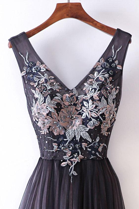 Long Prom Dresses Straps V-neck A-line Embroidery Sexy Gray Prom Dress PG554 - Pgmdress