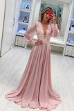 Long Sleeve Prom Dresses Deep V Neck A Line Pink Prom Dress PSK346