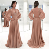 Long Sleeve Prom Dresses Deep V Neck A Line Pink Prom Dress PSK346 - Pgmdress