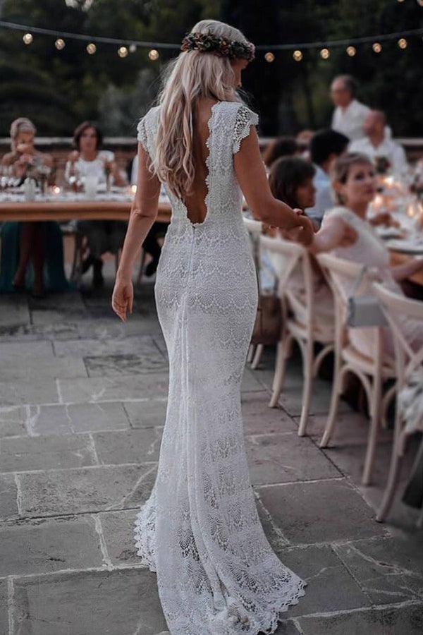 Mermaid Backless Lace Boho Cap Sleeve Bohemian Wedding Dress WD435 US16 / White Mermaid Backless Lace Boho Cap Sleeve Bohemian Wedding Dress WD435 US16 / White