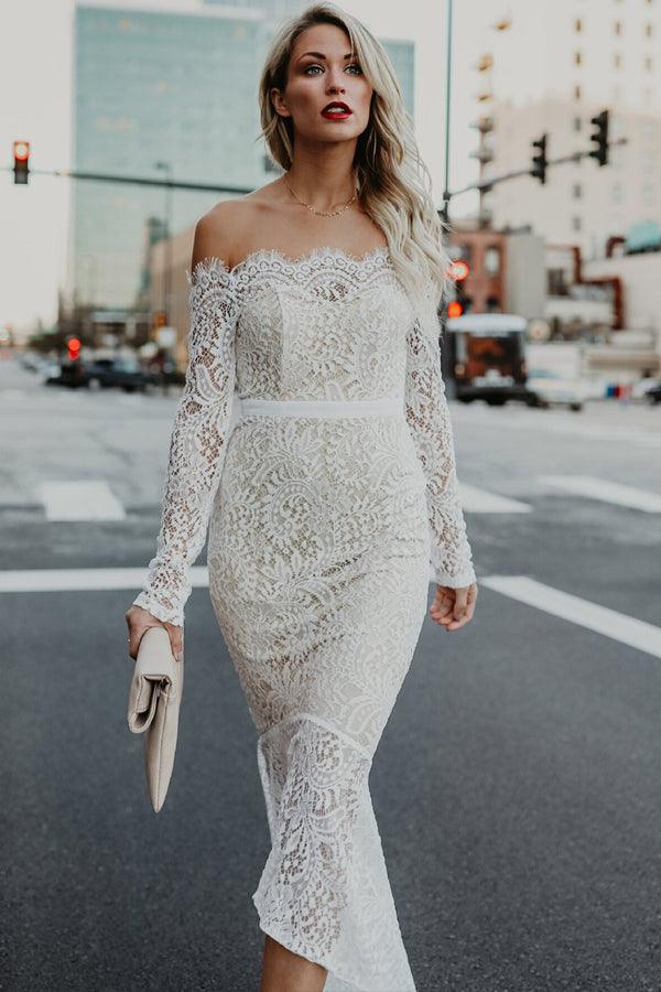 Mermaid Off-the-Shoulder High Low Lace Wedding Dress with Long Sleeves WD278 - Pgmdress