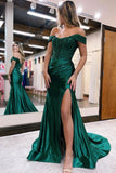 Satin Lace Mermaid Off Shoulder Green Long Prom Dress PSK375