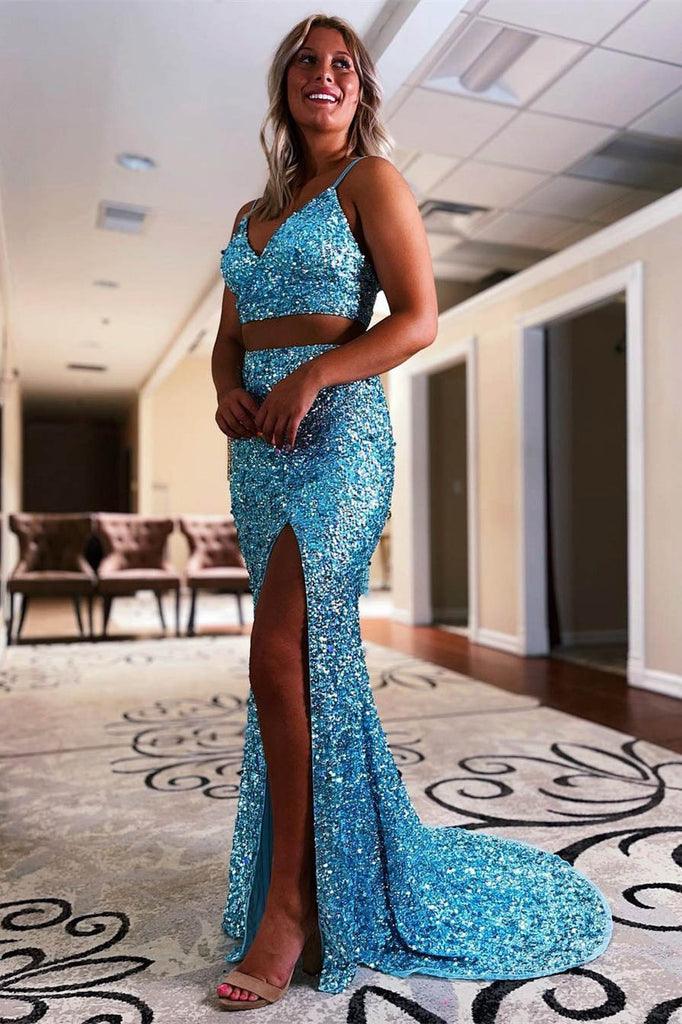 Two Piece Mermaid Orange Sequins Long Prom Formal Dress PSK316 - Pgmdress