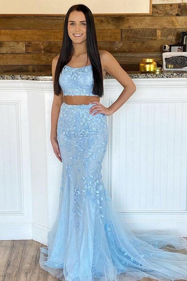 Mermaid Two Piece Scoop Neck Light Blue Lace Prom Dresses PSK274 US12 / As Picture Mermaid Two Piece Scoop Neck Light Blue Lace Prom Dresses PSK274 US12 / As Picture