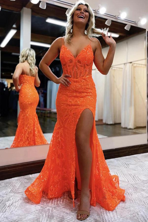 Mermaid V Neck Glitter Slit Orange Long Prom Dress PSK416 US0 / Custom Color Mermaid V Neck Glitter Slit Orange Long Prom Dress PSK416 US0 / Custom Color