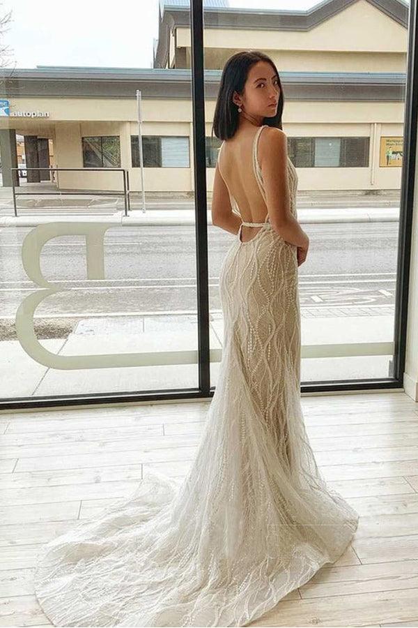 Mermaid V Neck Lace Wedding Dresses Backless Bridal Gown WD598 - Pgmdress