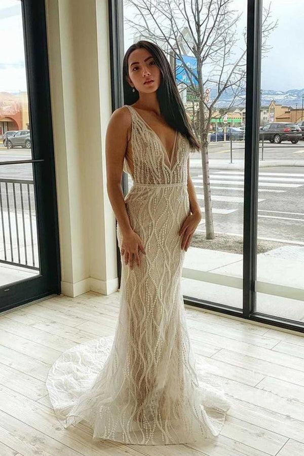 Mermaid V Neck Lace Wedding Dresses Backless Bridal Gown WD598 - Pgmdress