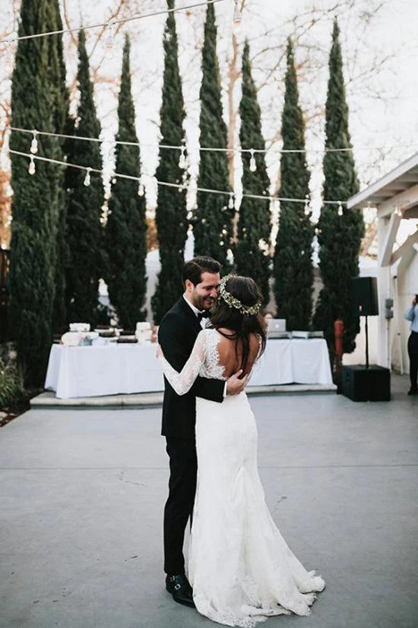 Mermaid V Neck Wedding Dress Long Sleeve Lace Bridal Gown WD610 - Pgmdress