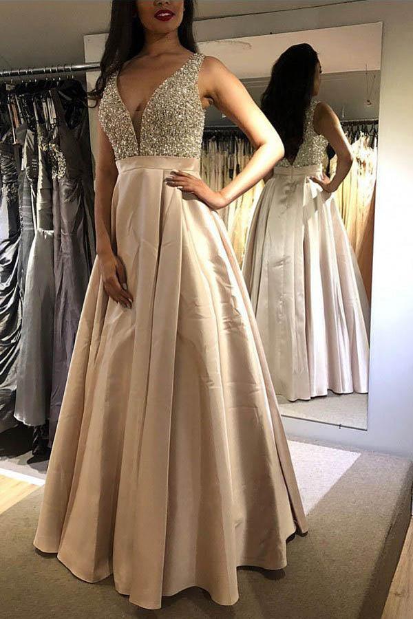Modest V-neck Sleeveless Floor-Length Blue Prom Dress with Beading PSK081 - Pgmdress