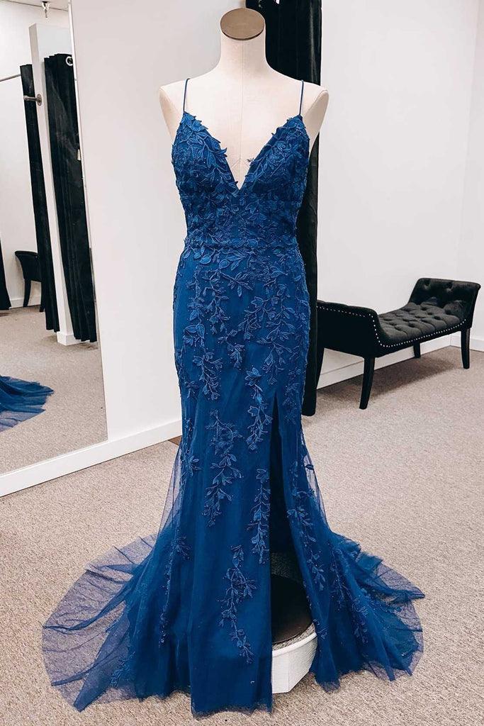 Navy Appliques Lace-Up Back Mermaid Long Prom Dress with Slit PSK391 US12 / Custom Color Navy Appliques Lace-Up Back Mermaid Long Prom Dress with Slit PSK391 US12 / Custom Color