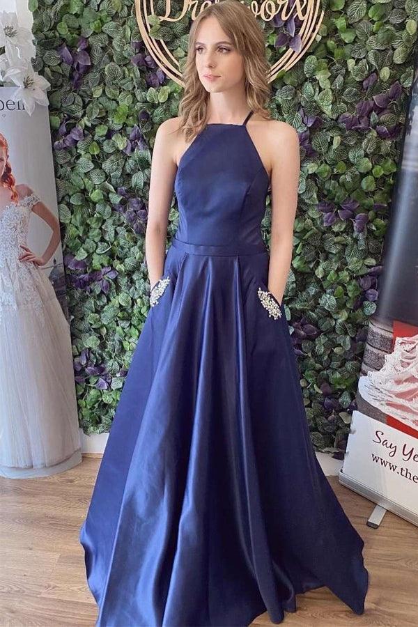 Navy Blue Satin Lace Up Back A-Line Prom Dress With Pockets US16 / Custom Color Navy Blue Satin Lace Up Back A-Line Prom Dress With Pockets US16 / Custom Color