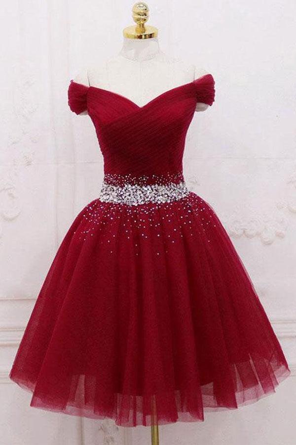 Off The Shoulder Beading Homecoming Dress Tulle Short Prom Dress US8 / Burgundy