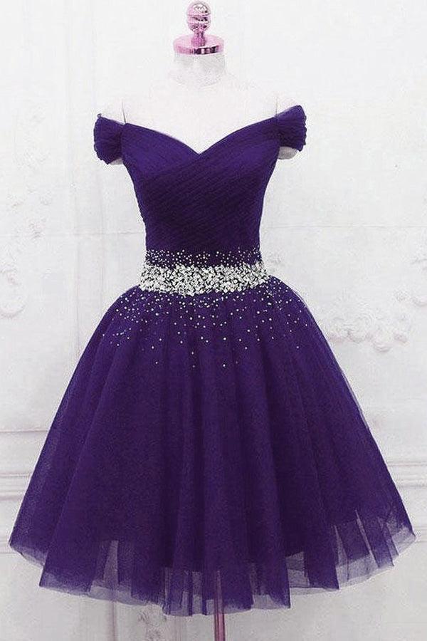 Off The Shoulder Beading Homecoming Dress Tulle Short Prom Dress US2 / Purple