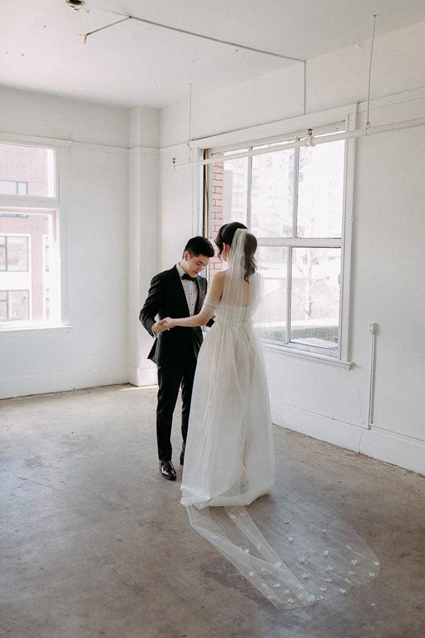 Off The Shoulder Satin Lace Split Wedding Dress With Long Veil WD604 - Pgmdress