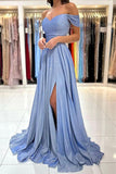 Off the Shoulder Shiny Blue Long Prom Dresses Formal Dress PSK379 - Pgmdress