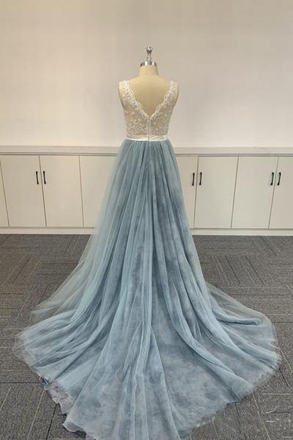 Ombre Soft Tulle Embroidered Lace V Neck Prom Dresses Formal Dresses PSK056 - Pgmdress