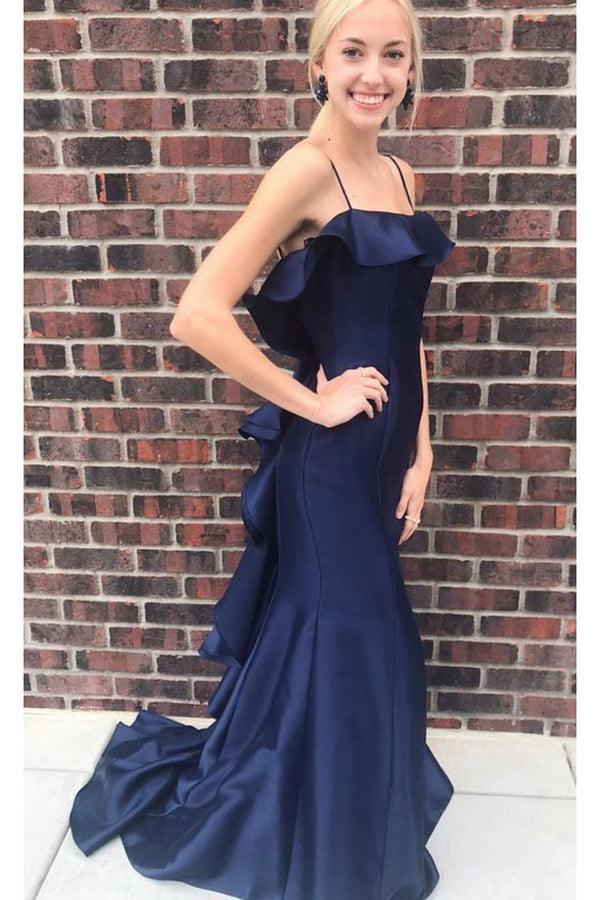 Pink Spaghetti Straps Satin Mermaid Prom Dress with Ruffles PSK355 US2 / Navy Blue
