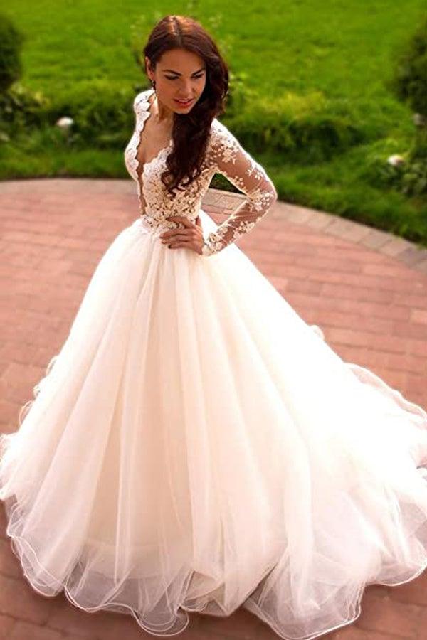 Princess A-Line V-Neck Tulle Ivory Long Sleeves Wedding Dress WD181 US12 / Ivory Princess A-Line V-Neck Tulle Ivory Long Sleeves Wedding Dress WD181 US12 / Ivory